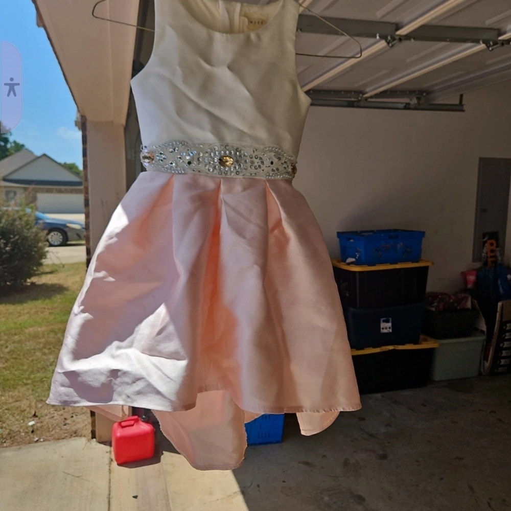 Girls White and Light Pink Beaded Waist Party Dress
